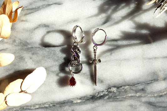 THE HAND Silver Sword and Teardrop Mismatched Huggie Earrings / Red Teardrop Earrings