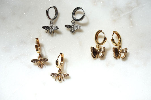 BUMBLE Gold/silver Bee/Butterfly Mix & Match Mini Hoop/Huggie Earrings