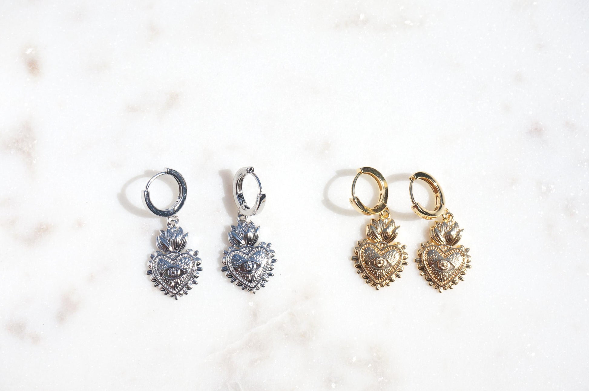 Simple Sacred Heart with Evil Eye Gold / Silver / Black Huggie Earrings