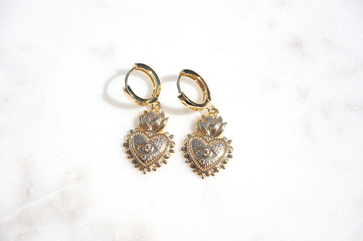 Simple Sacred Heart with Evil Eye Gold / Silver / Black Huggie Earrings