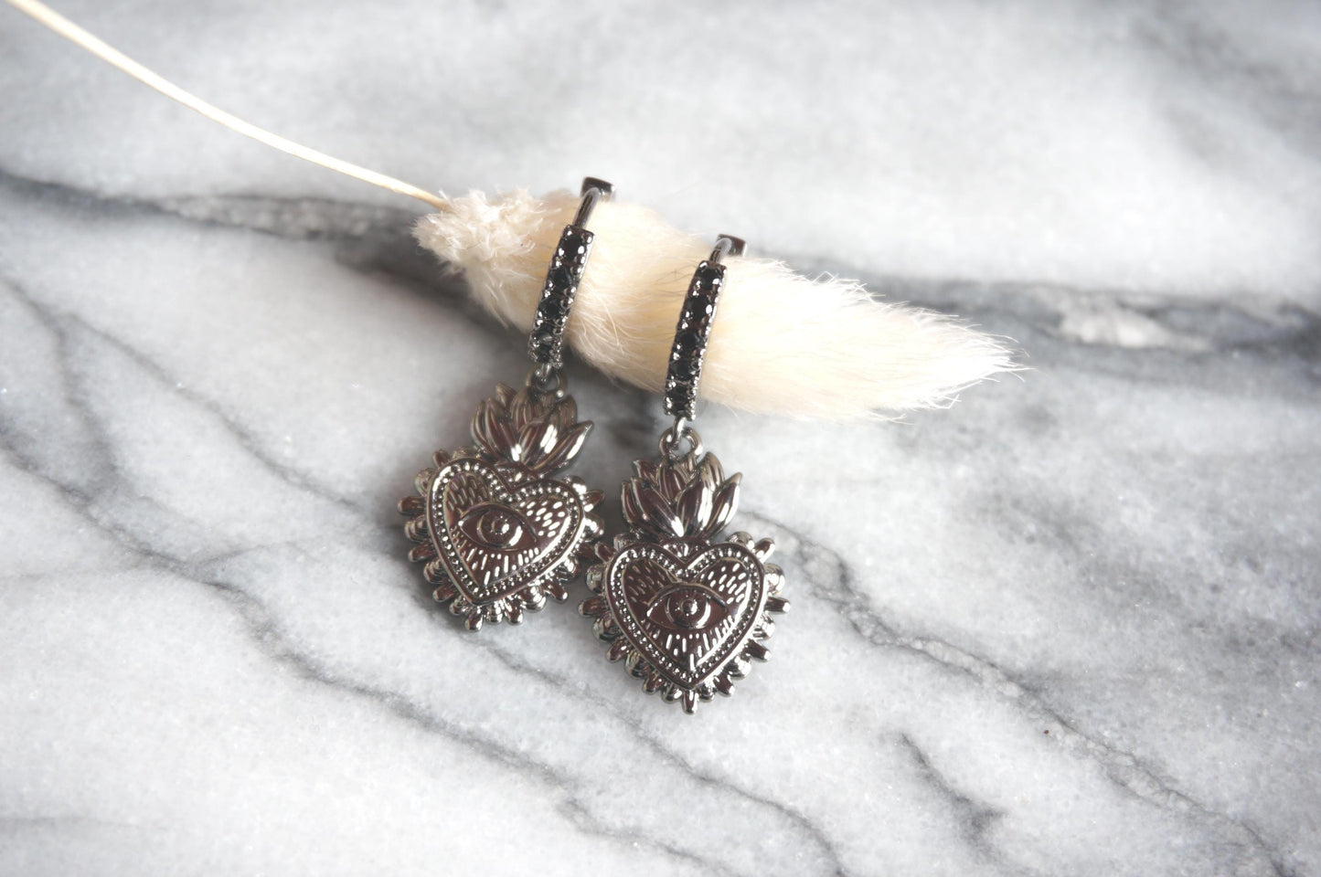 Simple Sacred Heart with Evil Eye Gold / Silver / Black Huggie Earrings