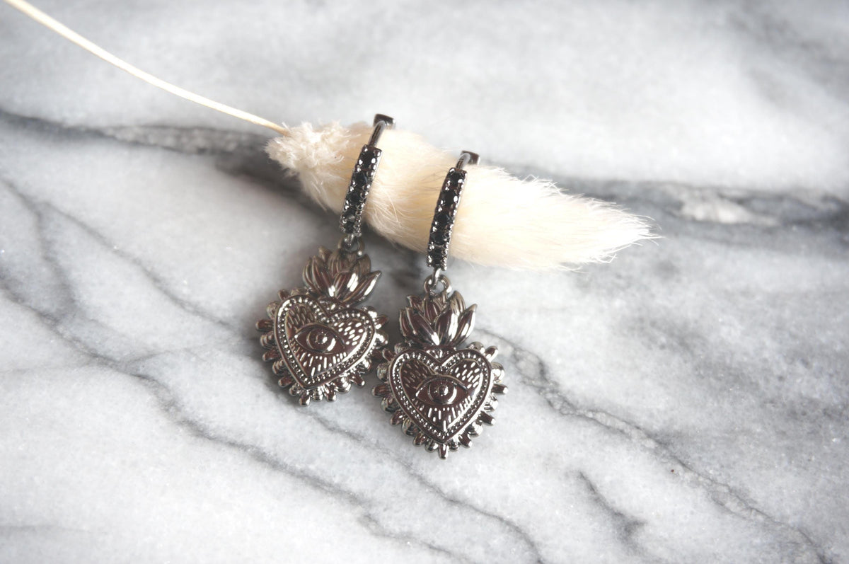 Simple Sacred Heart with Evil Eye Gold / Silver / Black Huggie Earrings