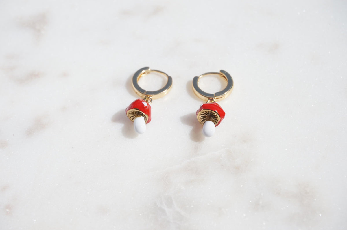 Dainty Red Mushroom Huggies/ Fly Agaric Fungi Gold Hoop Earrings