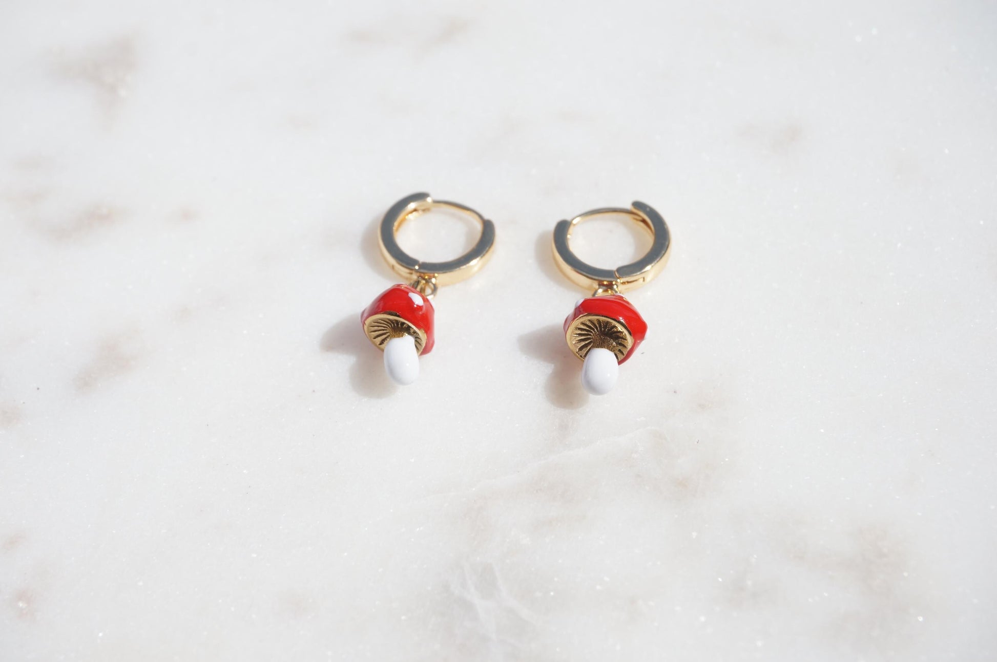 Dainty Red Mushroom Huggies/ Fly Agaric Fungi Gold Hoop Earrings