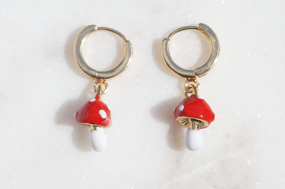 Dainty Red Mushroom Huggies/ Fly Agaric Fungi Gold Hoop Earrings