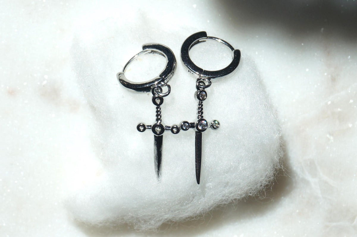 Dainty Dagger Huggies Gold/Silver / Tiny Sword Hoop Earrings
