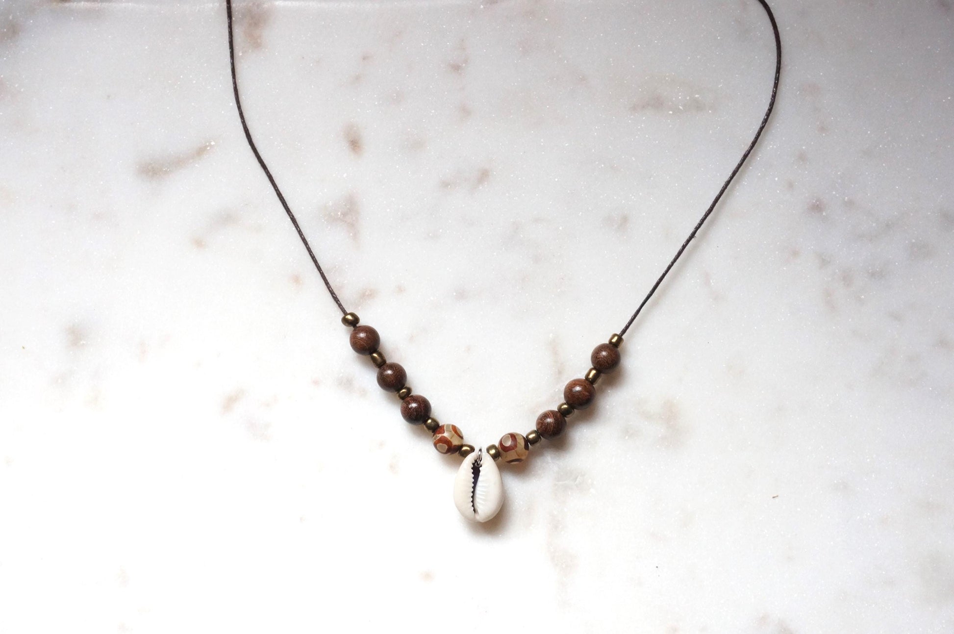Cowrie Shell Beaded Waxed Cord Necklace