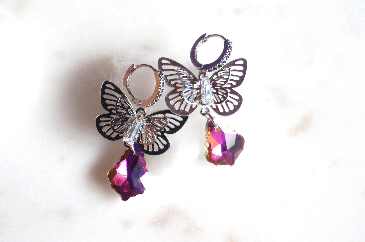 Cynthia Butterfly Magenta Crystal Huggies/ Hoop Earrings