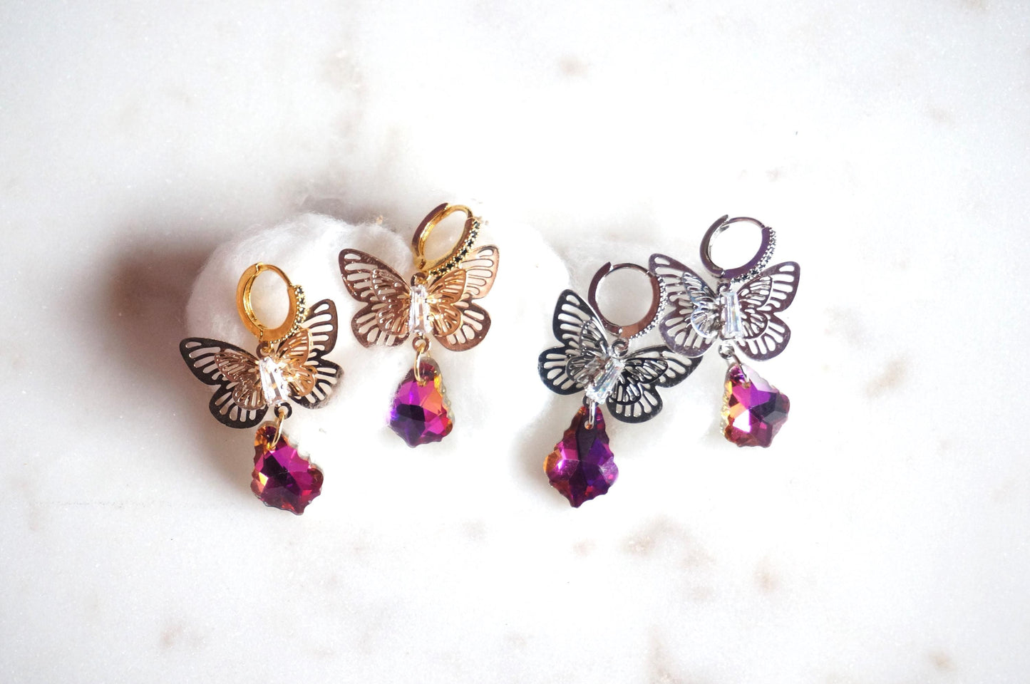 Cynthia Butterfly Magenta Crystal Huggies/ Hoop Earrings
