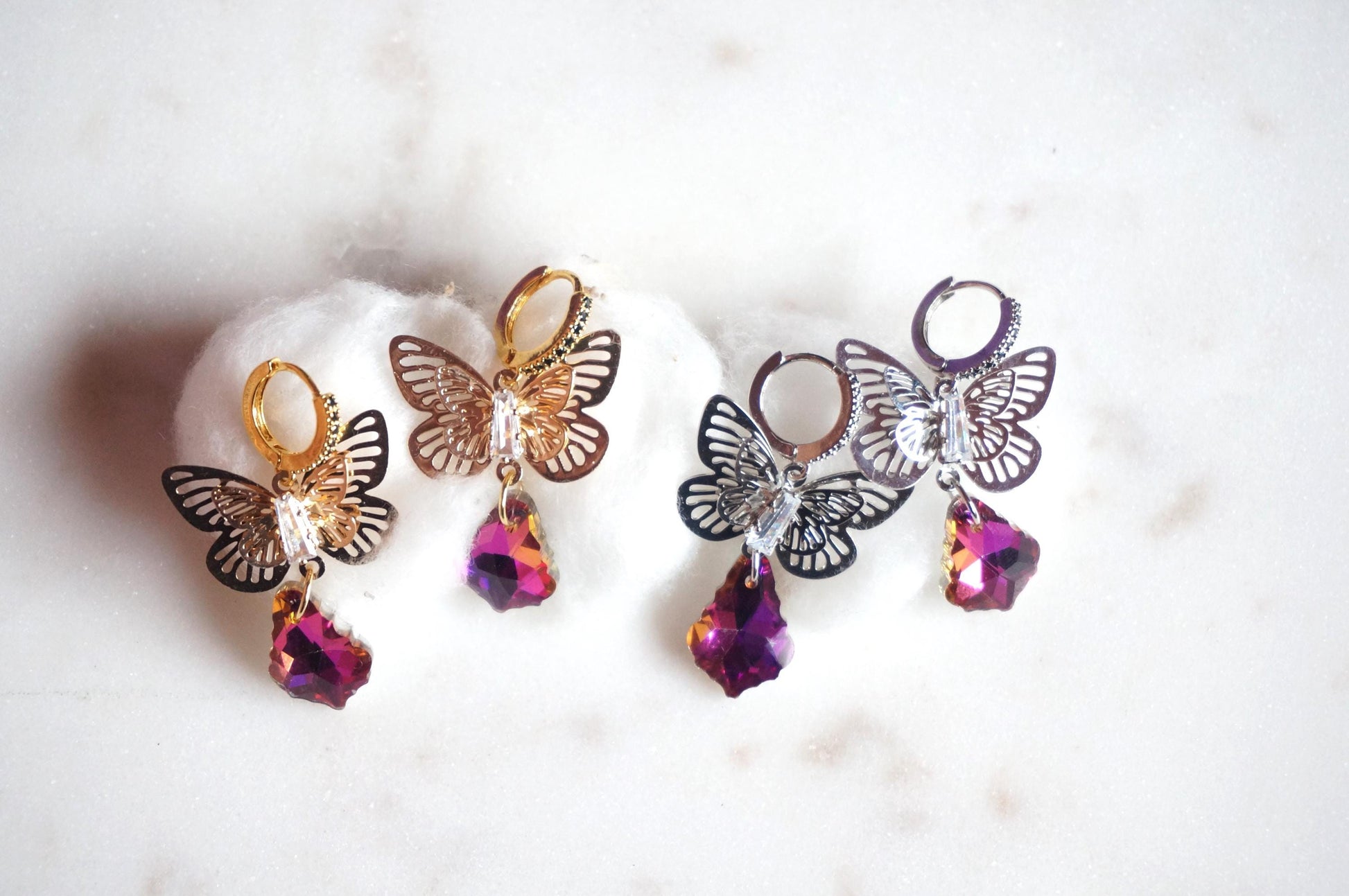 Cynthia Butterfly Magenta Crystal Huggies/ Hoop Earrings