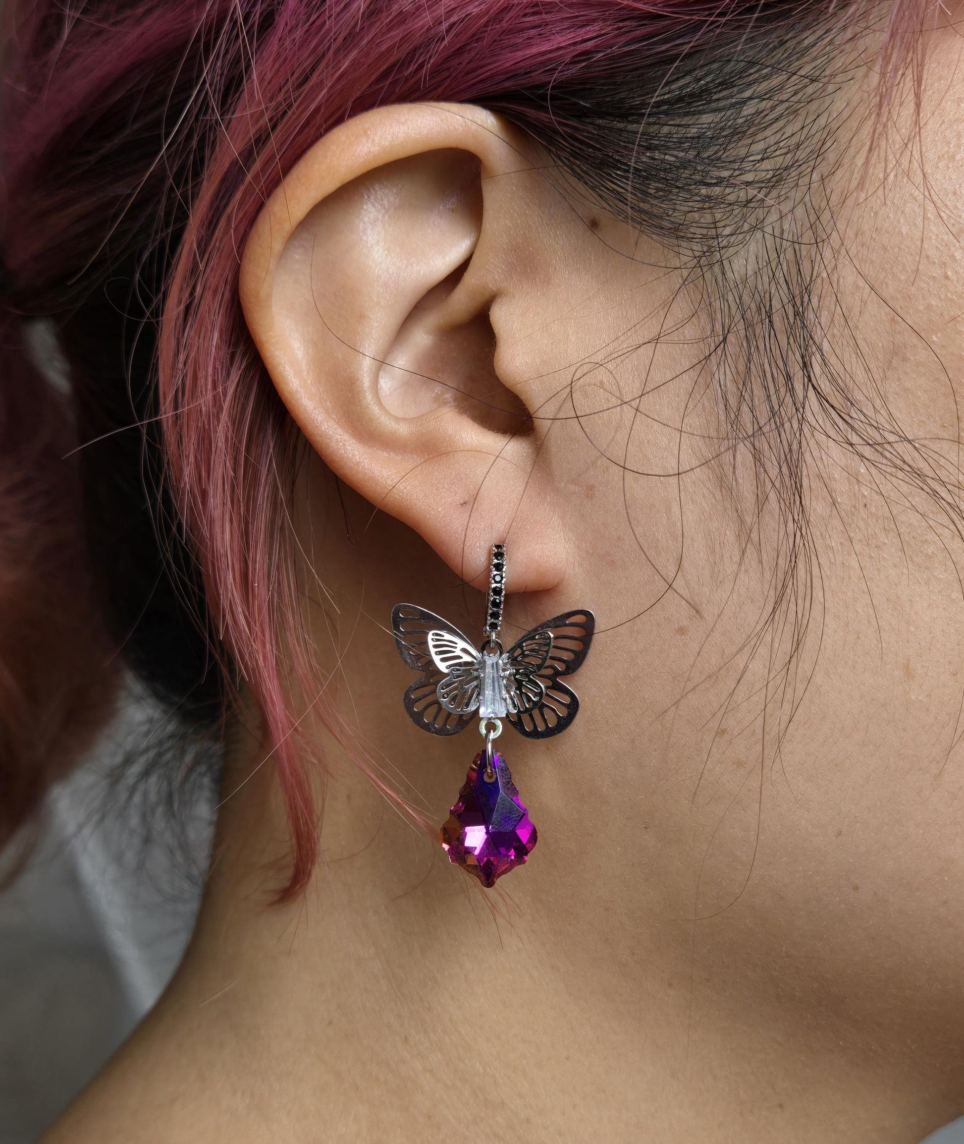 Cynthia Butterfly Magenta Crystal Huggies/ Hoop Earrings