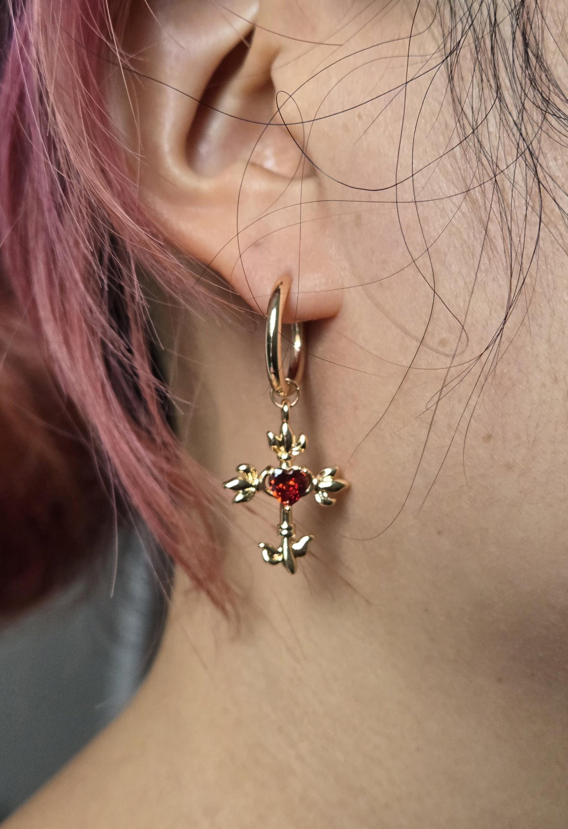 Sacred Heart Cross Red Gem Huggies/ Hoop Earrings