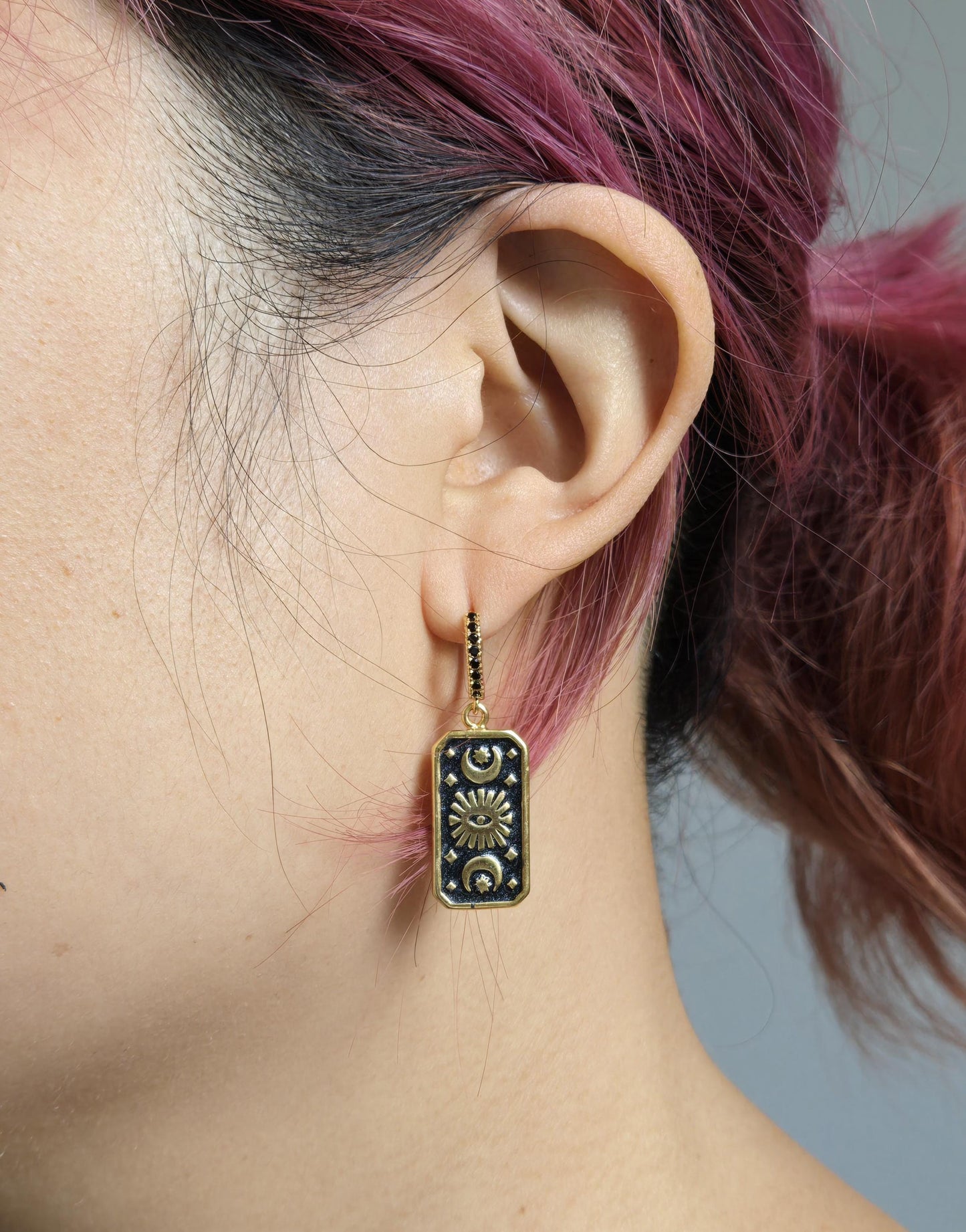 Black Magic Eye Plate Huggies/ Hoop Earrings