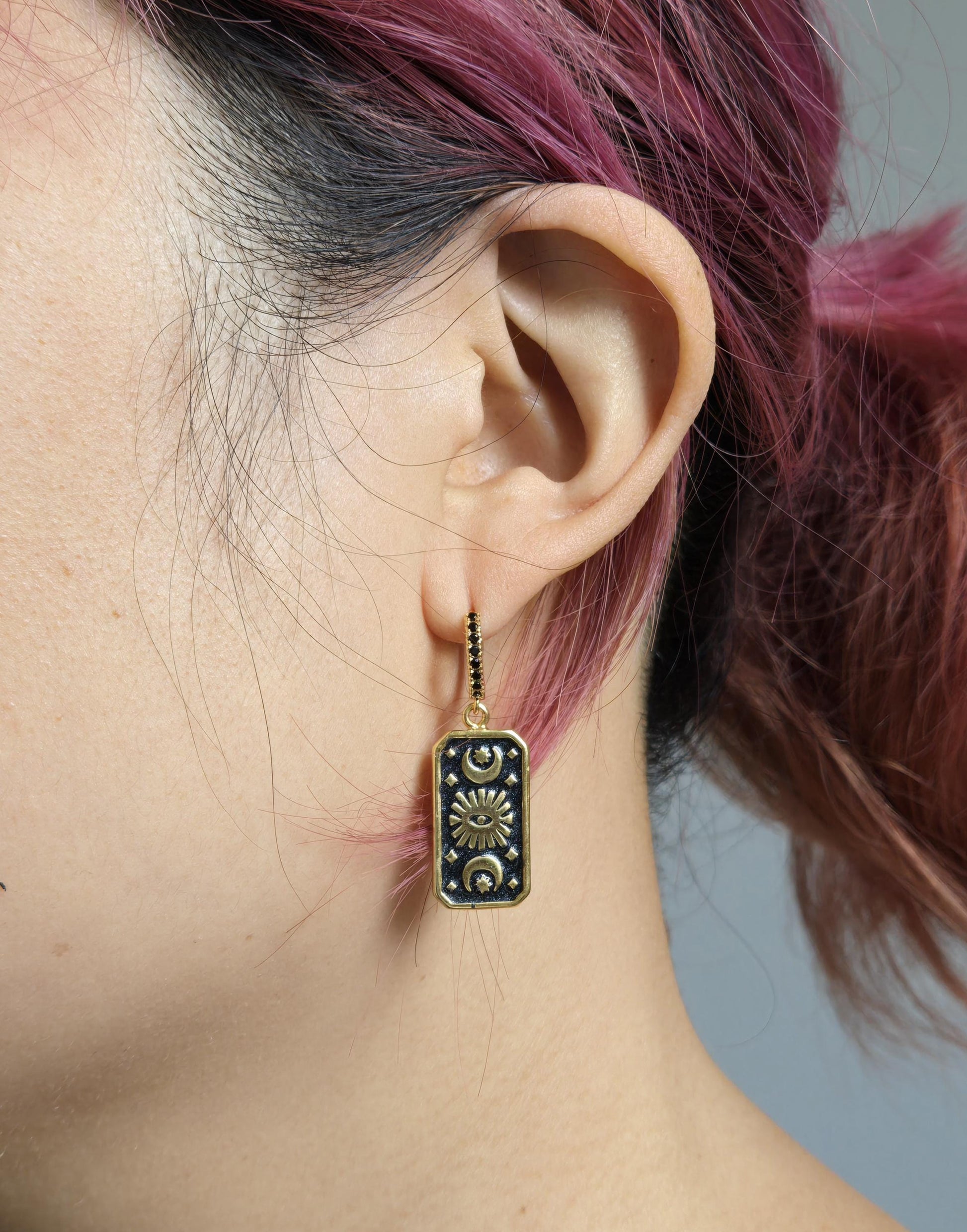 Black Magic Eye Plate Huggies/ Hoop Earrings