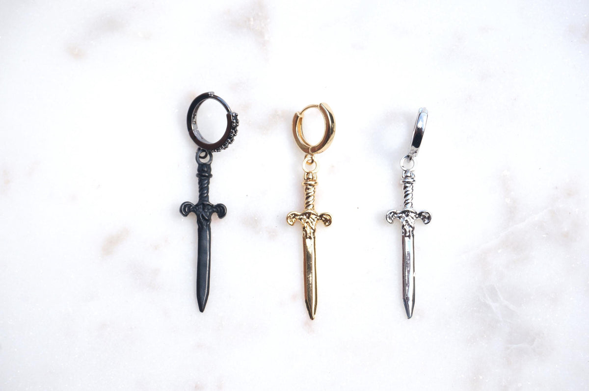 Gold/Silver/Gunmetal Antique Dagger SINGLE Huggie Hoop Earring / Tarot Sword Earring SINGLE