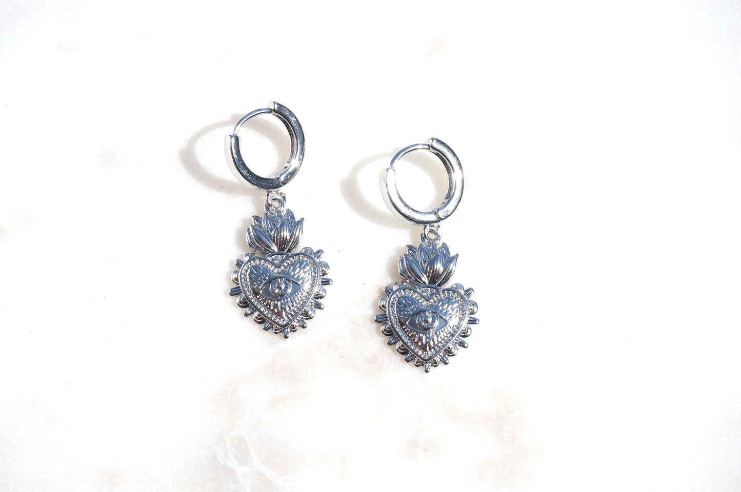 Simple Sacred Heart with Evil Eye Gold / Silver / Black Huggie Earrings