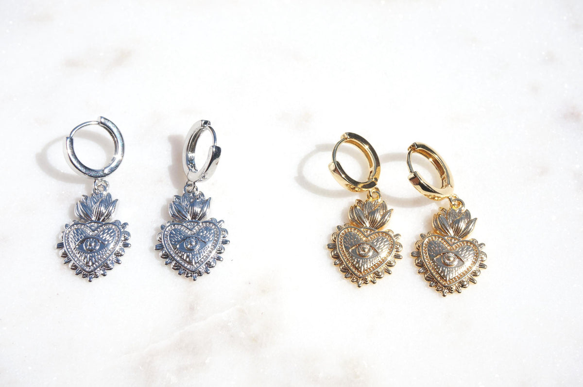 Simple Sacred Heart with Evil Eye Gold / Silver / Black Huggie Earrings