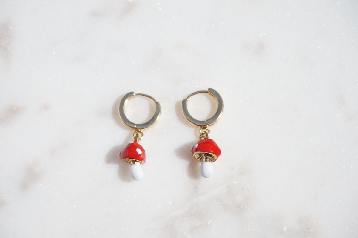 Dainty Red Mushroom Huggies/ Fly Agaric Fungi Gold Hoop Earrings