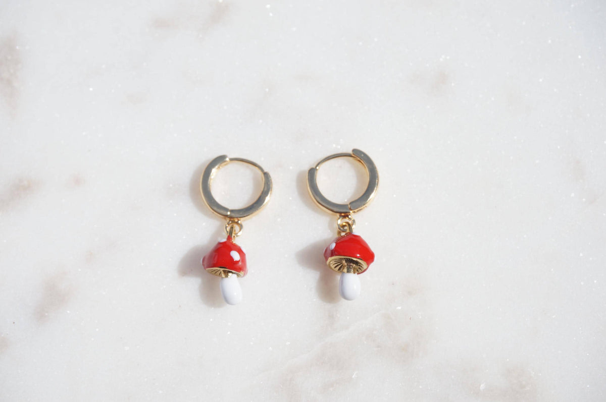 Dainty Red Mushroom Huggies/ Fly Agaric Fungi Gold Hoop Earrings