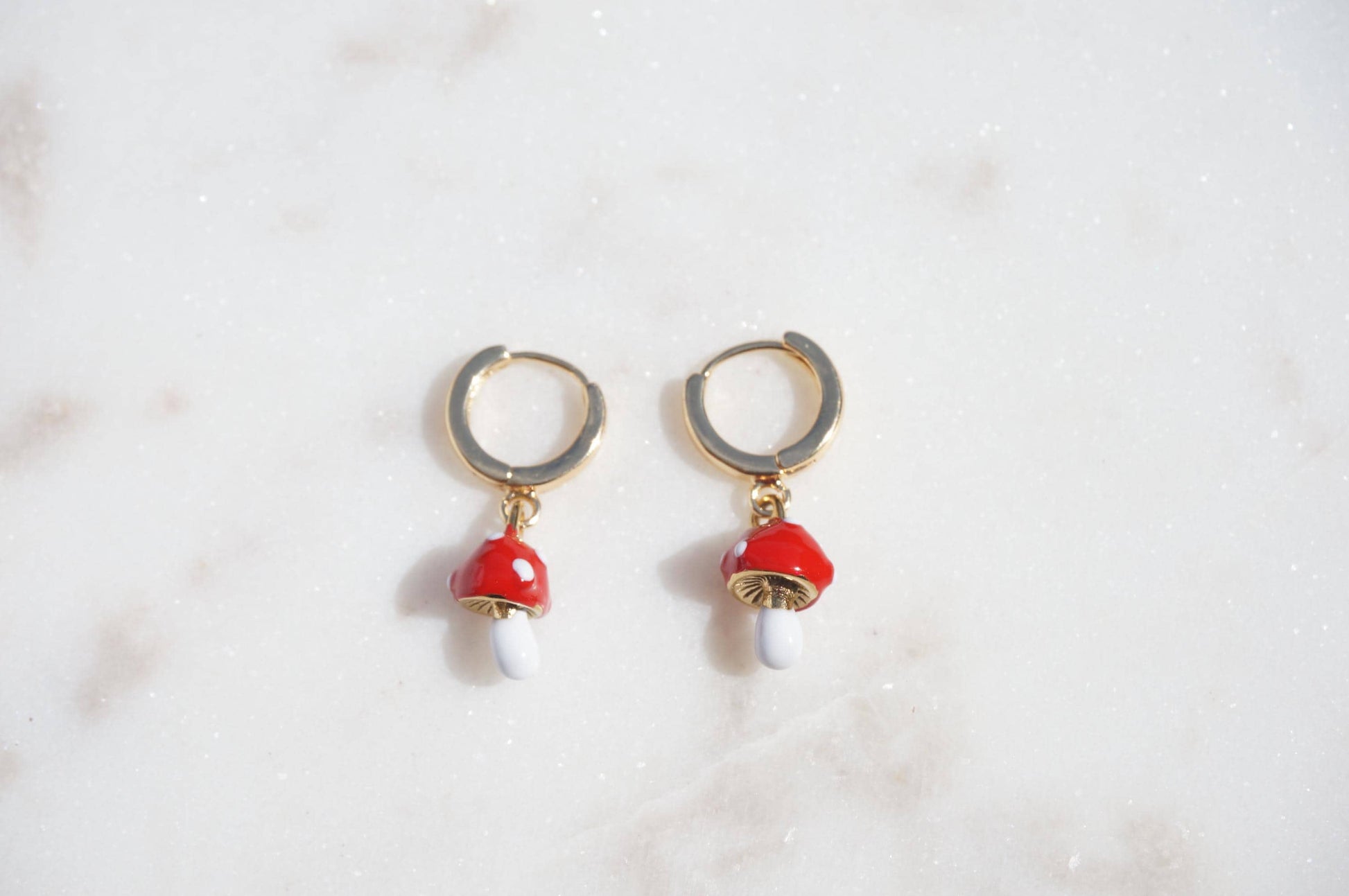 Dainty Red Mushroom Huggies/ Fly Agaric Fungi Gold Hoop Earrings
