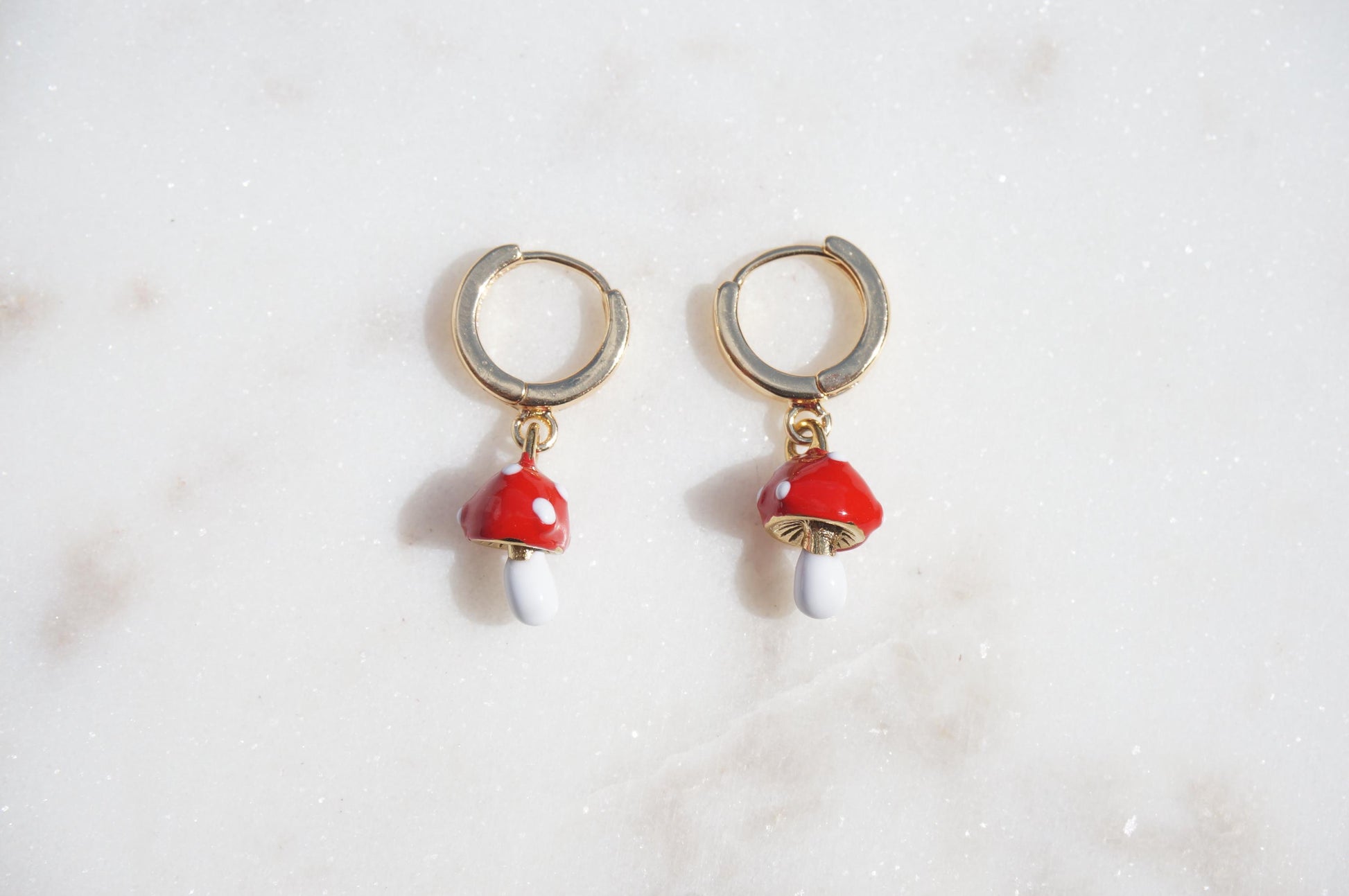 Dainty Red Mushroom Huggies/ Fly Agaric Fungi Gold Hoop Earrings