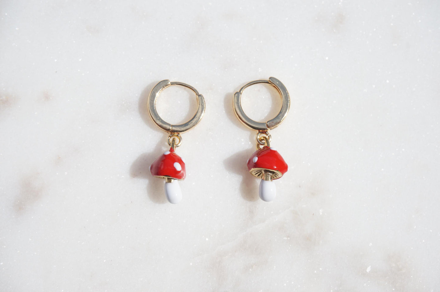 Dainty Red Mushroom Huggies/ Fly Agaric Fungi Gold Hoop Earrings