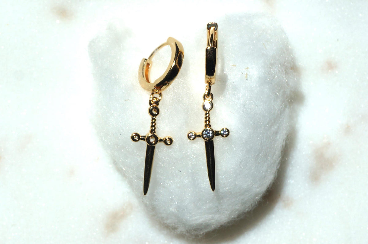 Dainty Dagger Huggies Gold/Silver / Tiny Sword Hoop Earrings