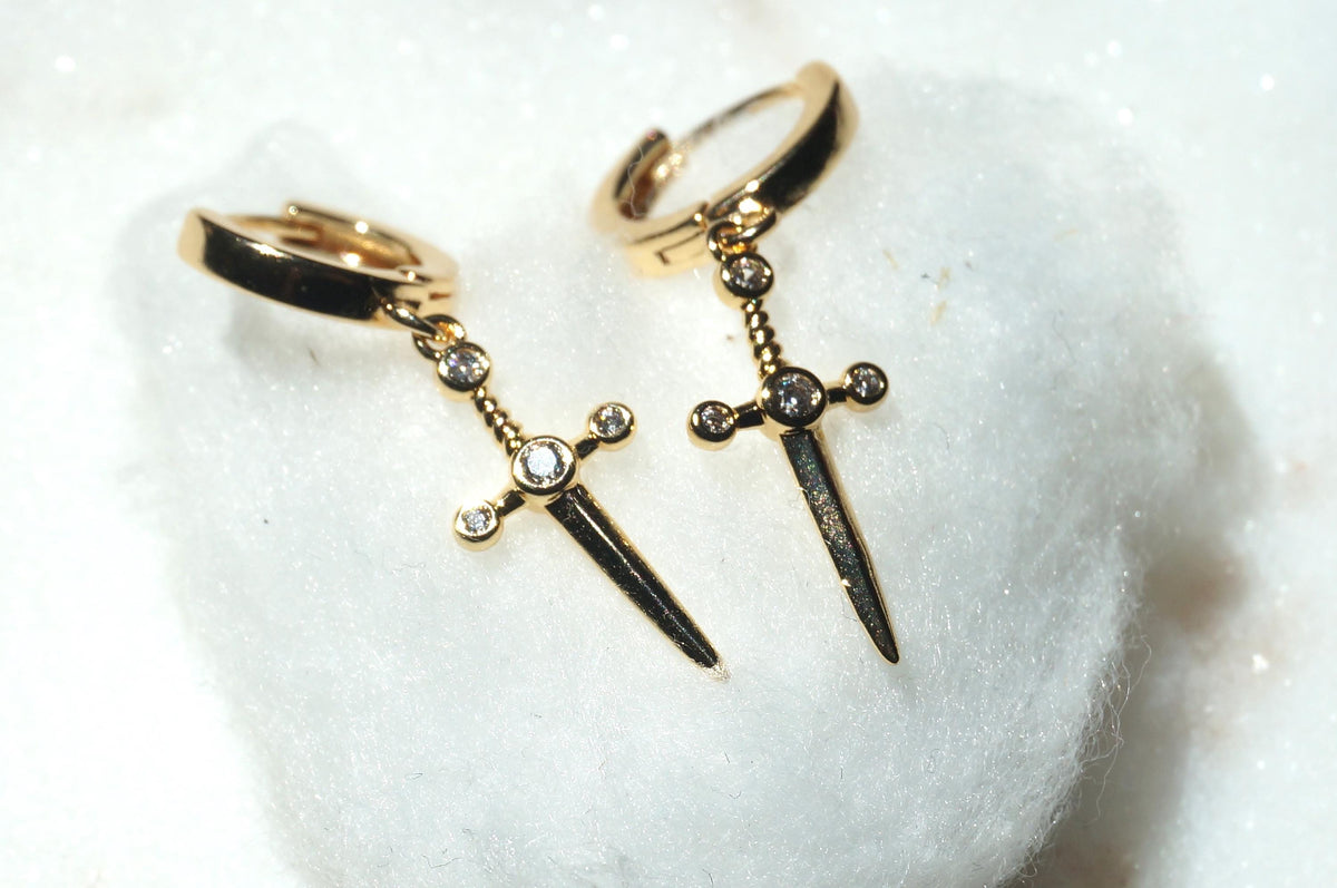 Dainty Dagger Huggies Gold/Silver / Tiny Sword Hoop Earrings