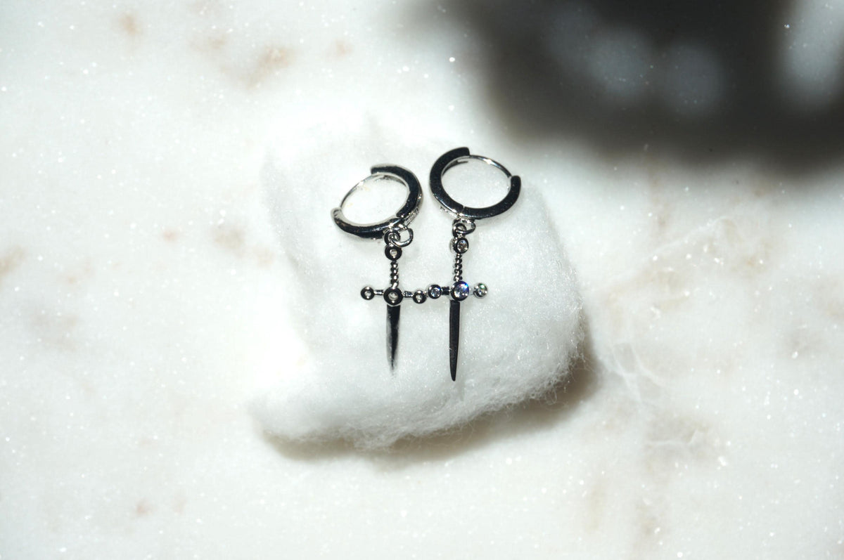 Dainty Dagger Huggies Gold/Silver / Tiny Sword Hoop Earrings
