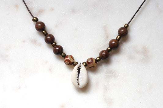 Cowrie Shell Beaded Waxed Cord Necklace