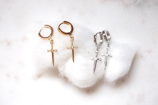 Dainty Dagger Huggies Gold/Silver / Tiny Sword Hoop Earrings