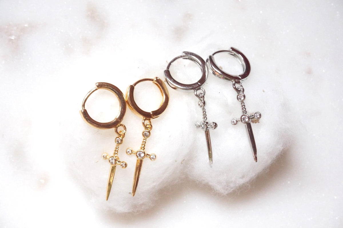 Dainty Dagger Huggies Gold/Silver / Tiny Sword Hoop Earrings