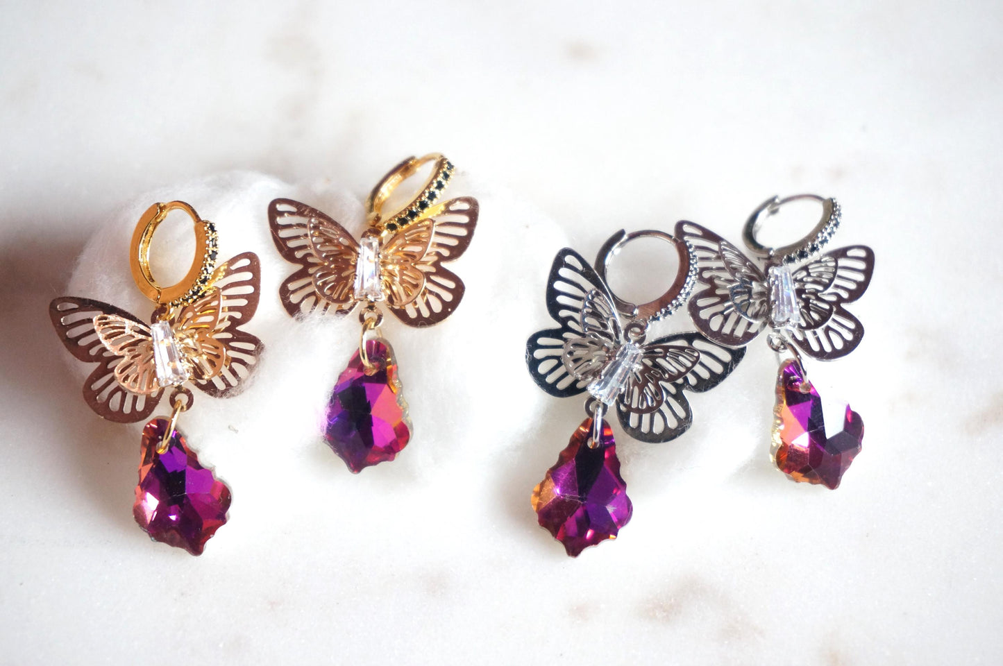 Cynthia Butterfly Magenta Crystal Huggies/ Hoop Earrings