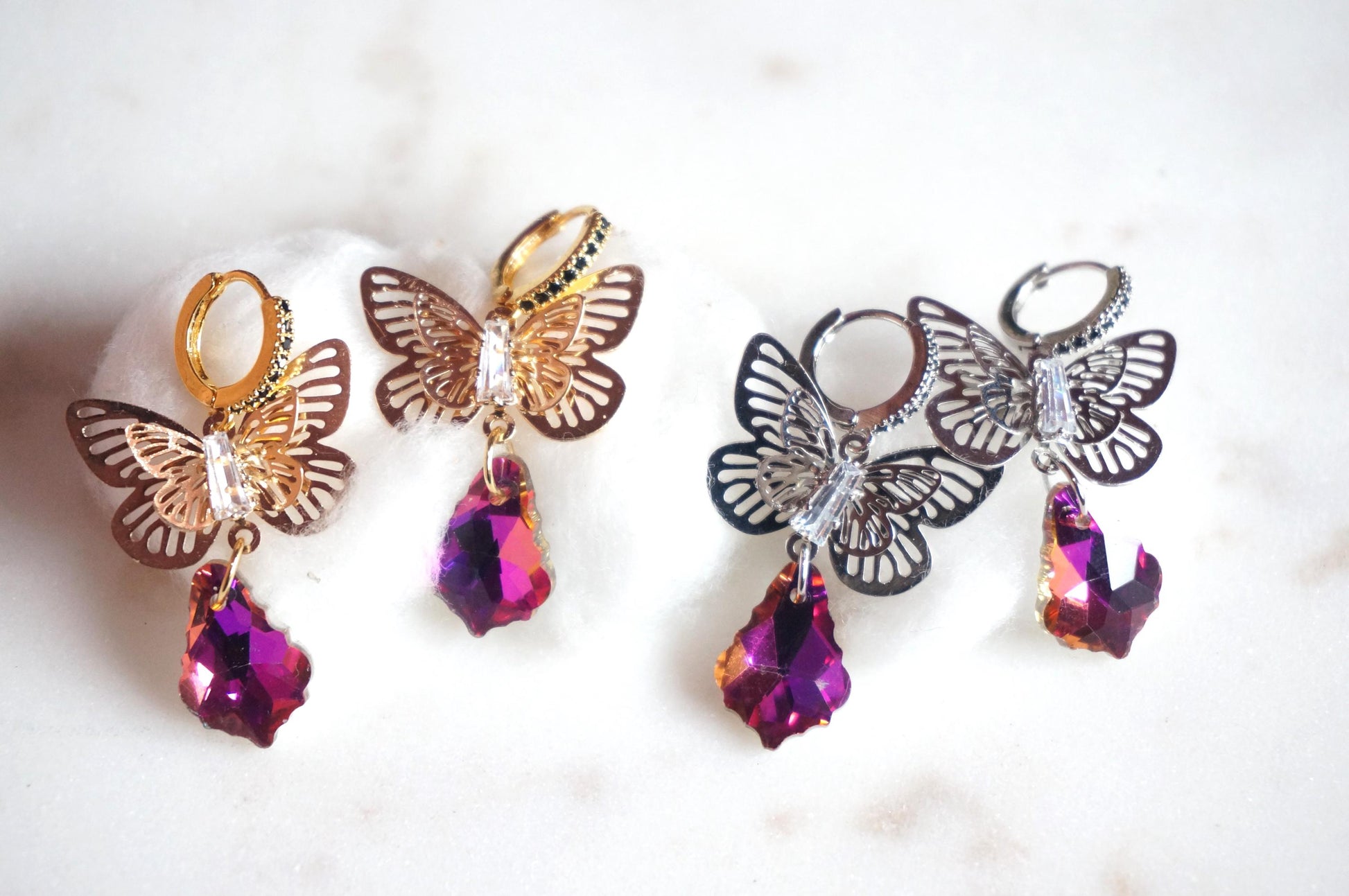 Cynthia Butterfly Magenta Crystal Huggies/ Hoop Earrings