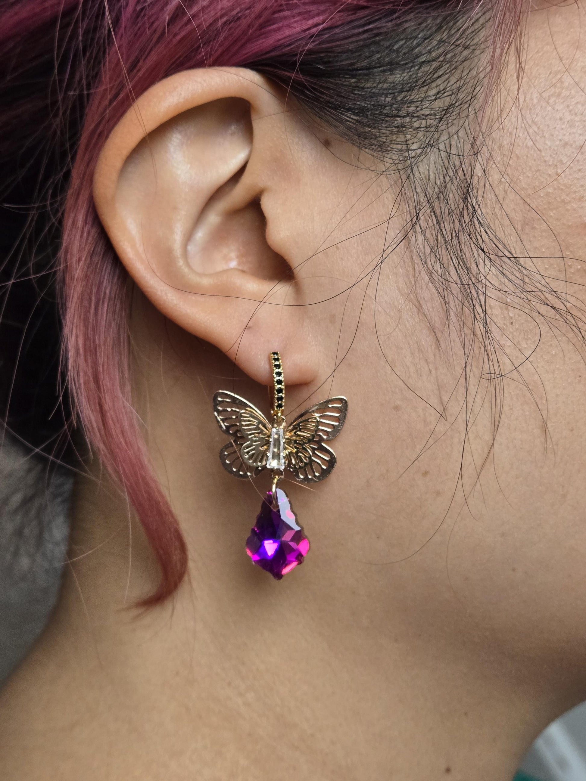 Cynthia Butterfly Magenta Crystal Huggies/ Hoop Earrings