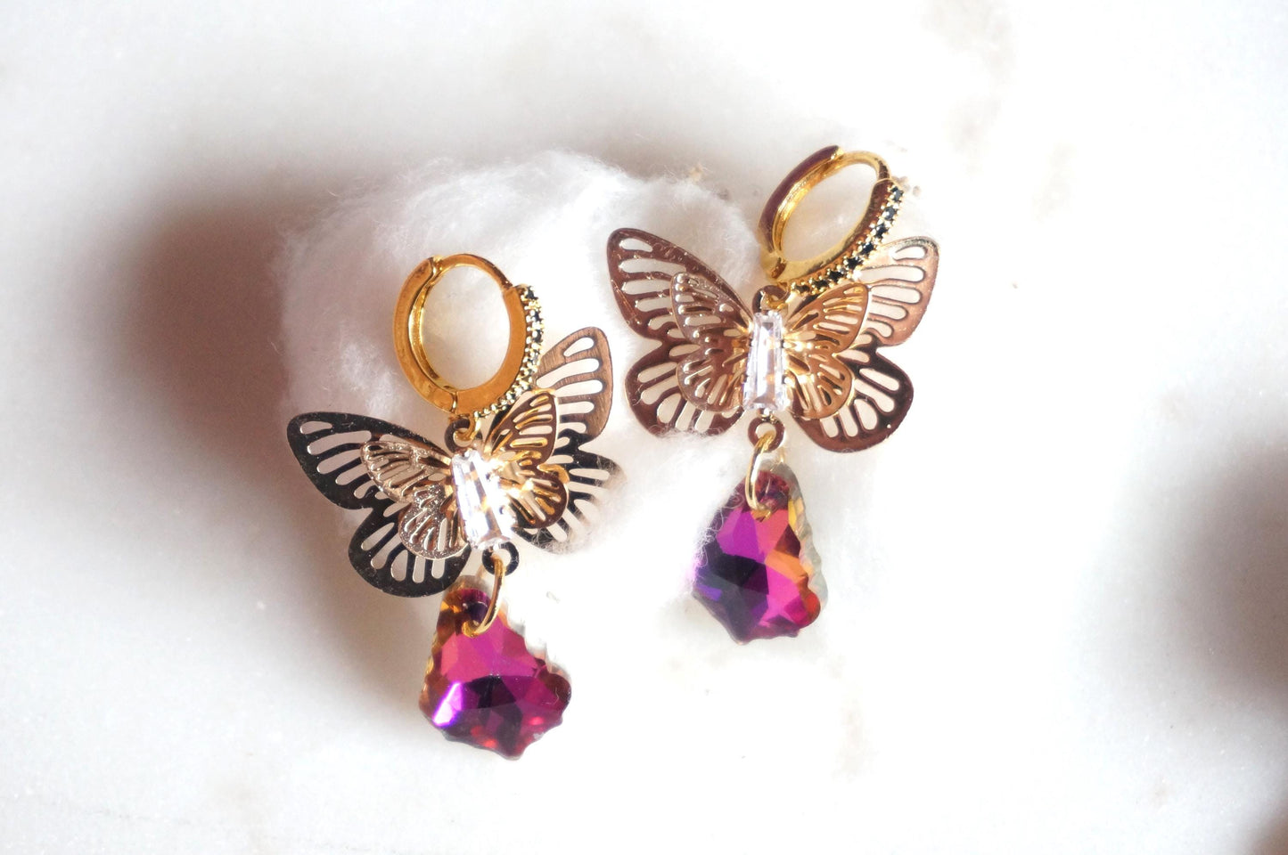 Cynthia Butterfly Magenta Crystal Huggies/ Hoop Earrings