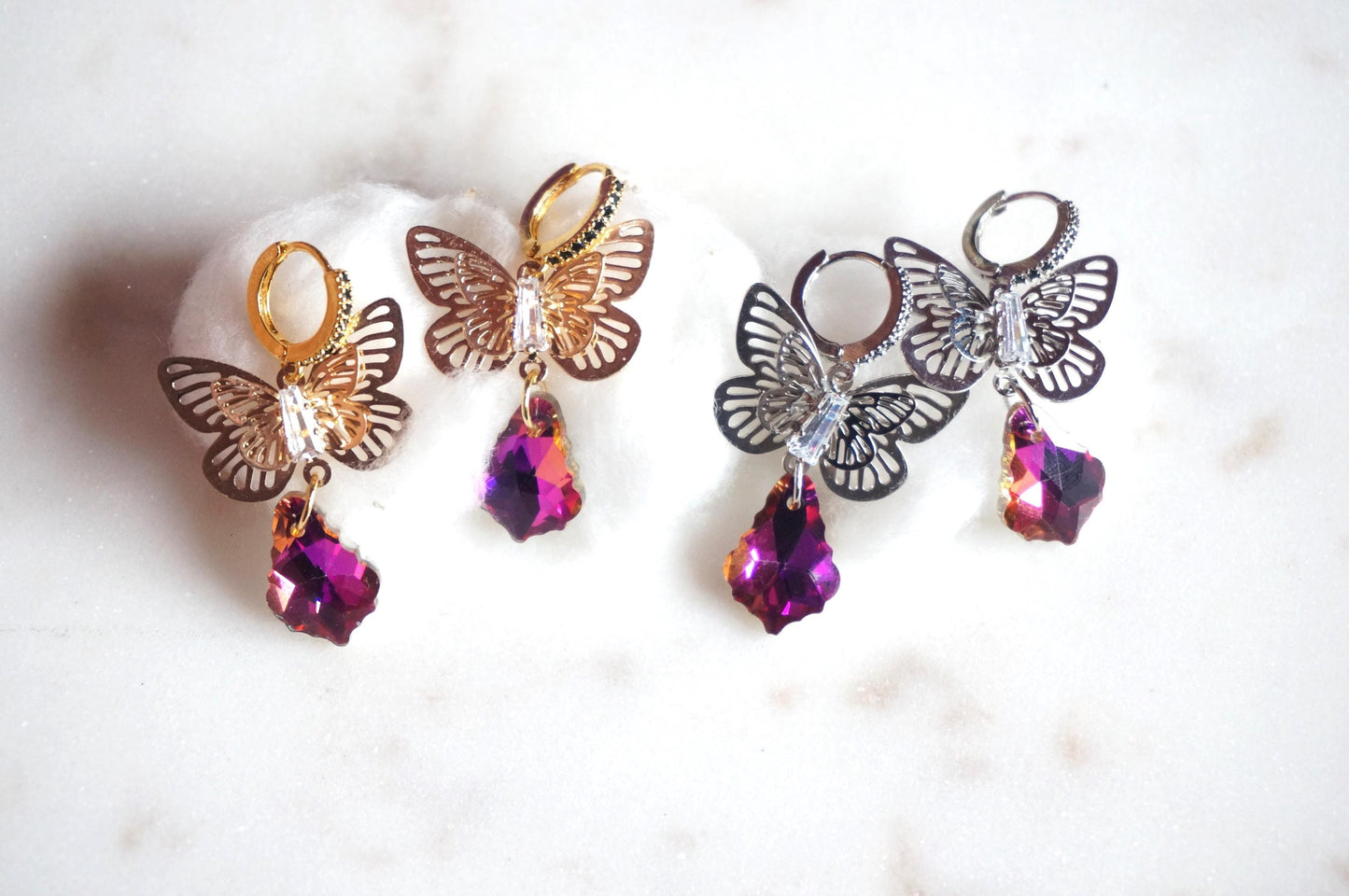 Cynthia Butterfly Magenta Crystal Huggies/ Hoop Earrings