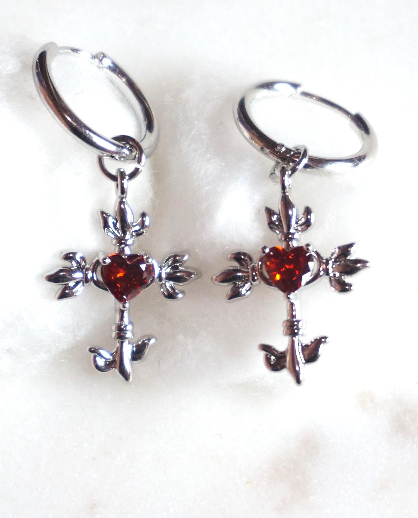 Sacred Heart Cross Red Gem Huggies/ Hoop Earrings