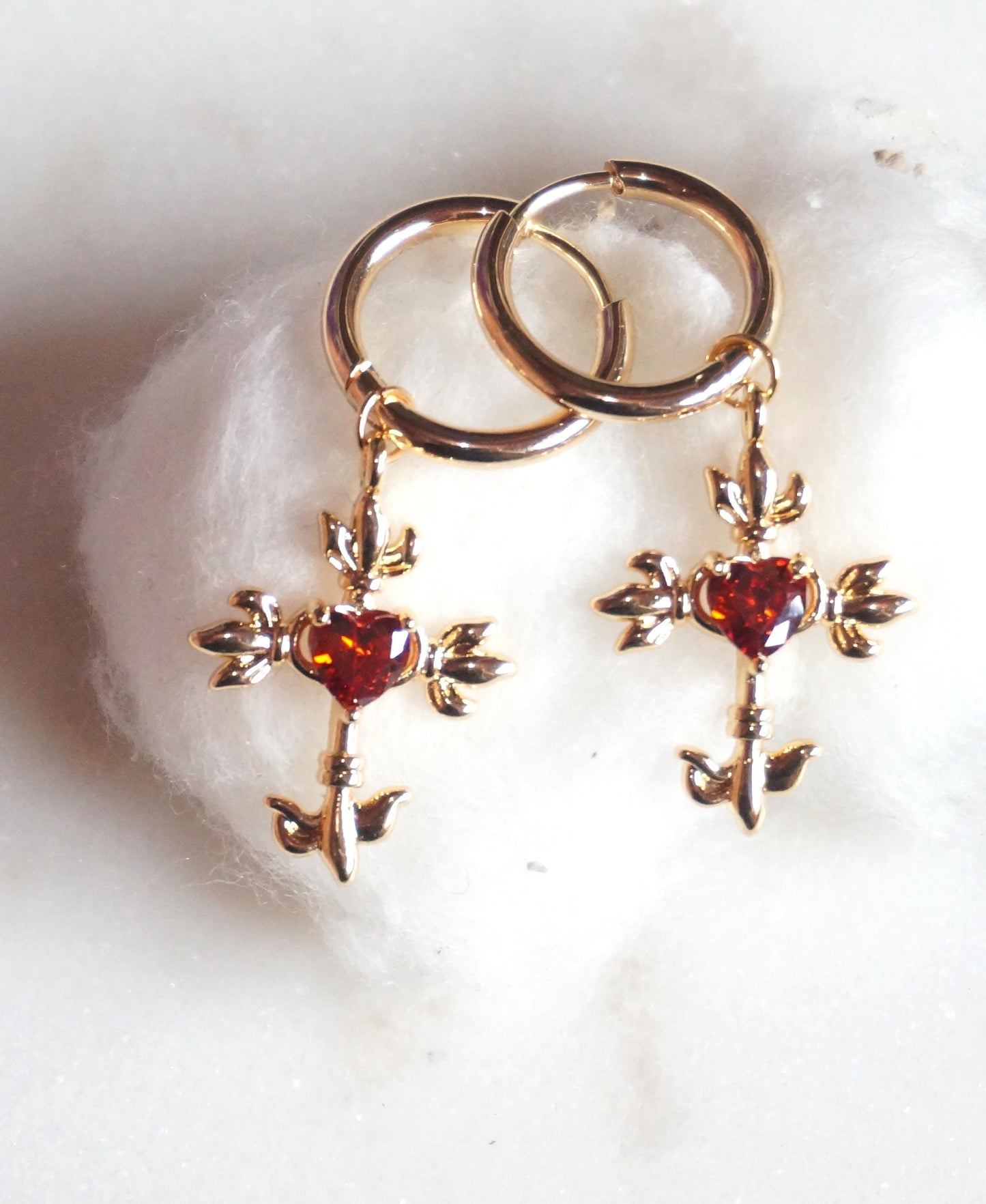 Sacred Heart Cross Red Gem Huggies/ Hoop Earrings