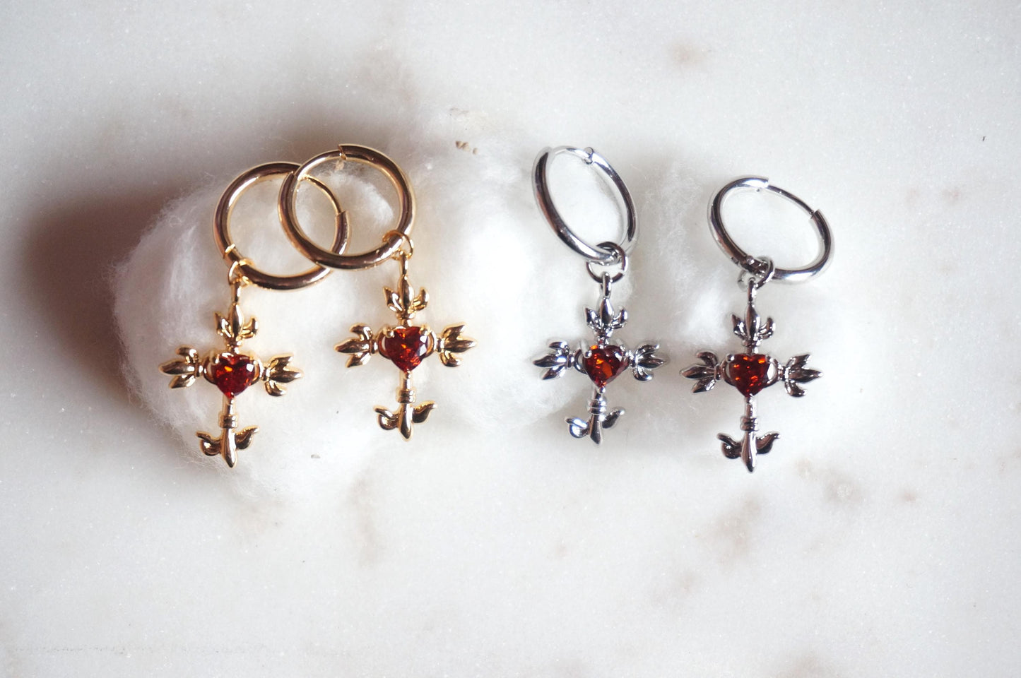 Sacred Heart Cross Red Gem Huggies/ Hoop Earrings