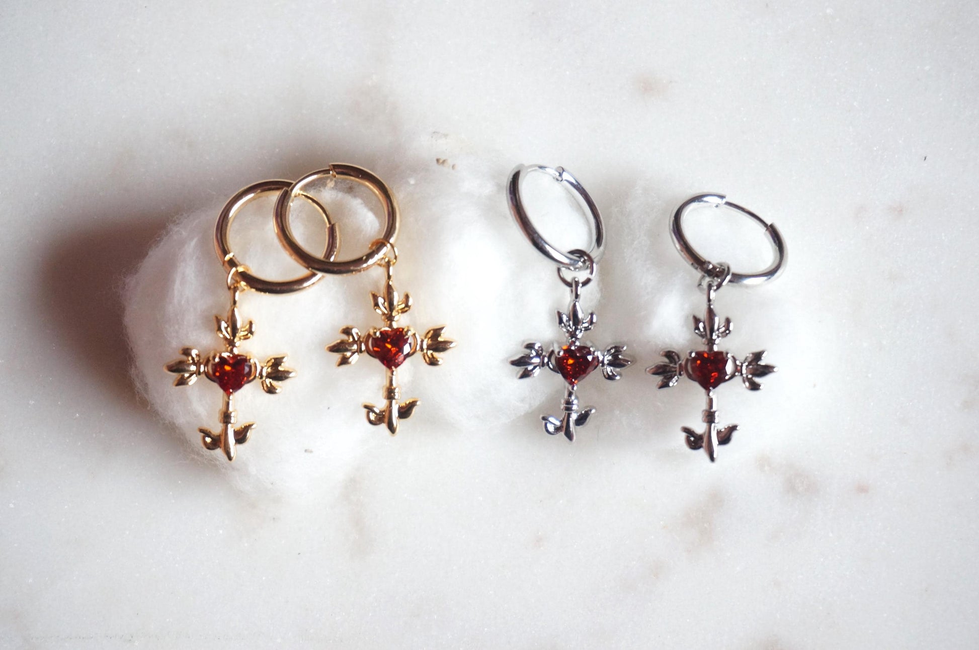 Sacred Heart Cross Red Gem Huggies/ Hoop Earrings