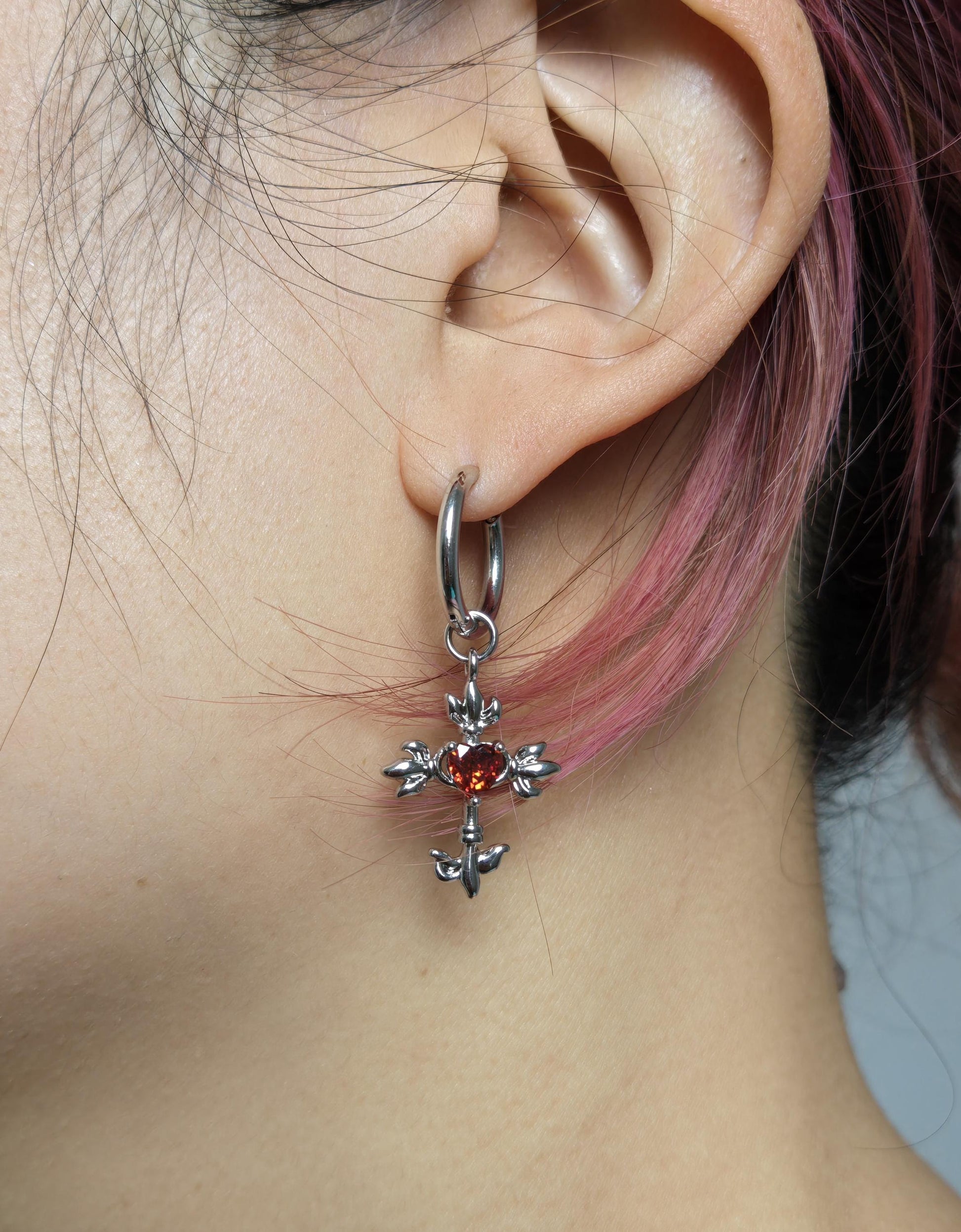 Sacred Heart Cross Red Gem Huggies/ Hoop Earrings
