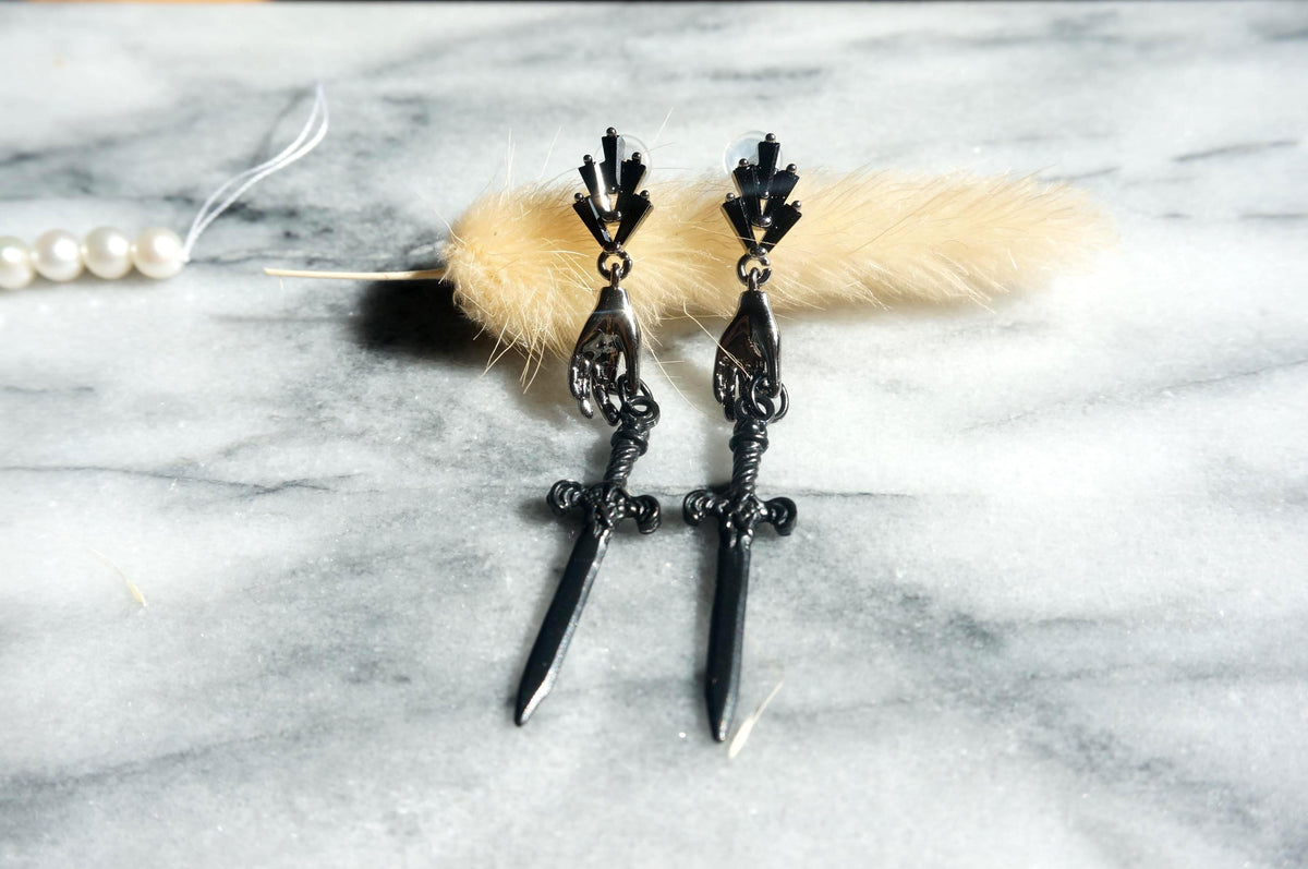 Gold/Silver/Gunmetal Queen of Swords Tarot Earrings / Dagger Earrings / Tarot hand earrings