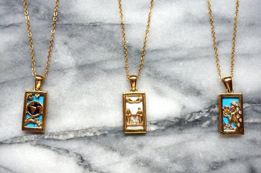 Gold Plated Tarot Card Necklaces: The Empress, The Lovers, The World