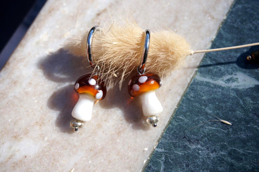 Brown/Red Mushroom Hoop Earrings / Fairycore Mushroom huggie earrings / faerie Earrings / Gold Silver Mushroom Festival Earrings