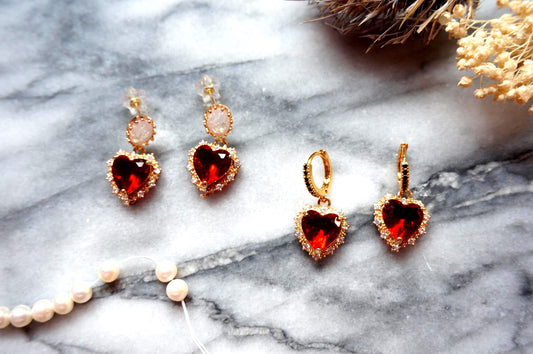 AMO Red/Blue/Green Heart Gold Earrings Studs/Huggies