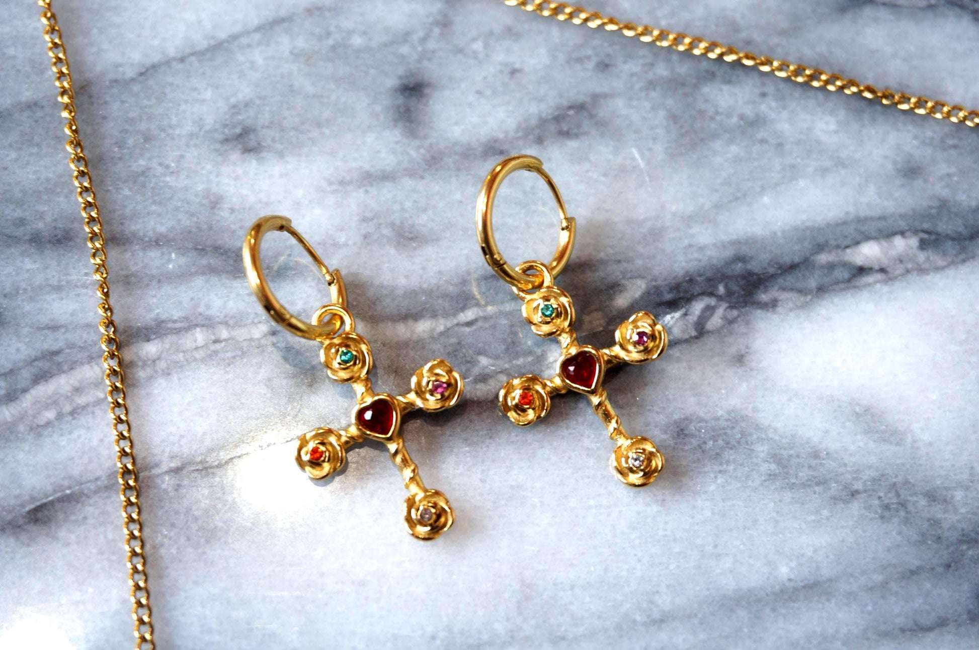 Heart Gem Cross necklace and earrings