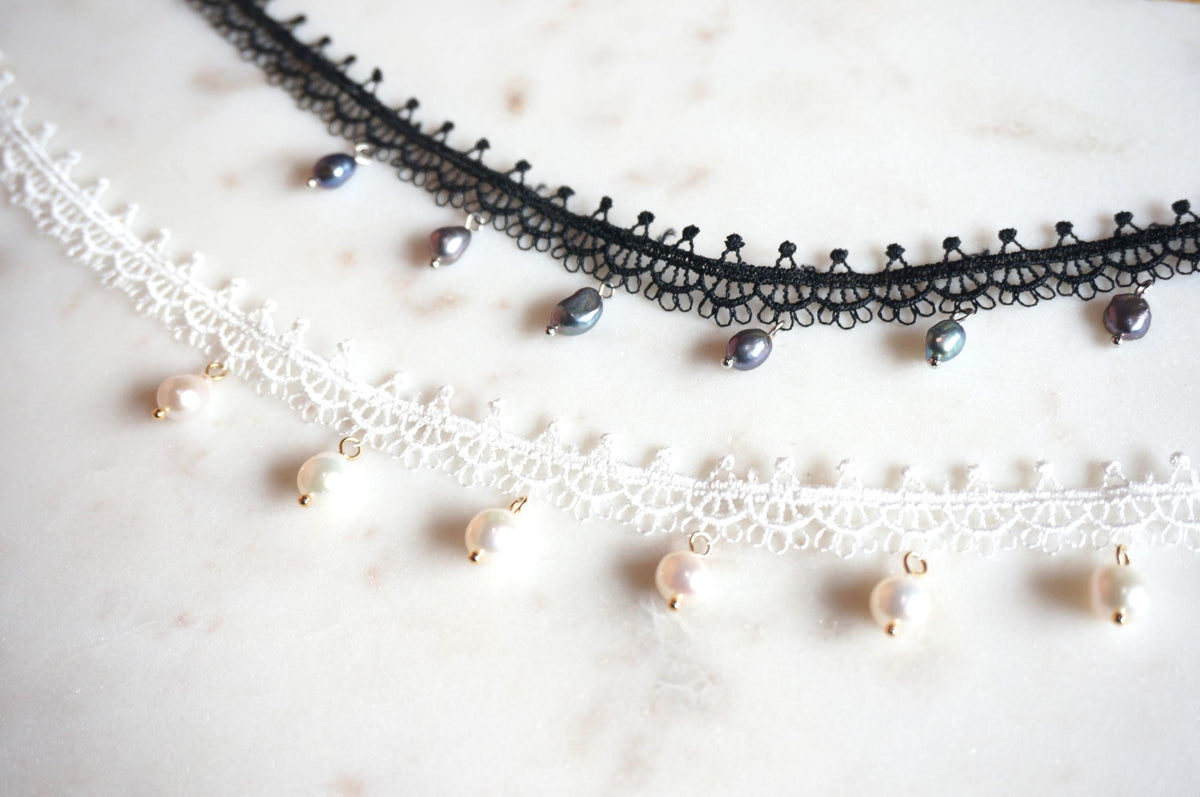 KATE White/Black Lace with Teardrop Freshwater Pearls/Peacock dyed freshwater pearls Choker Necklace