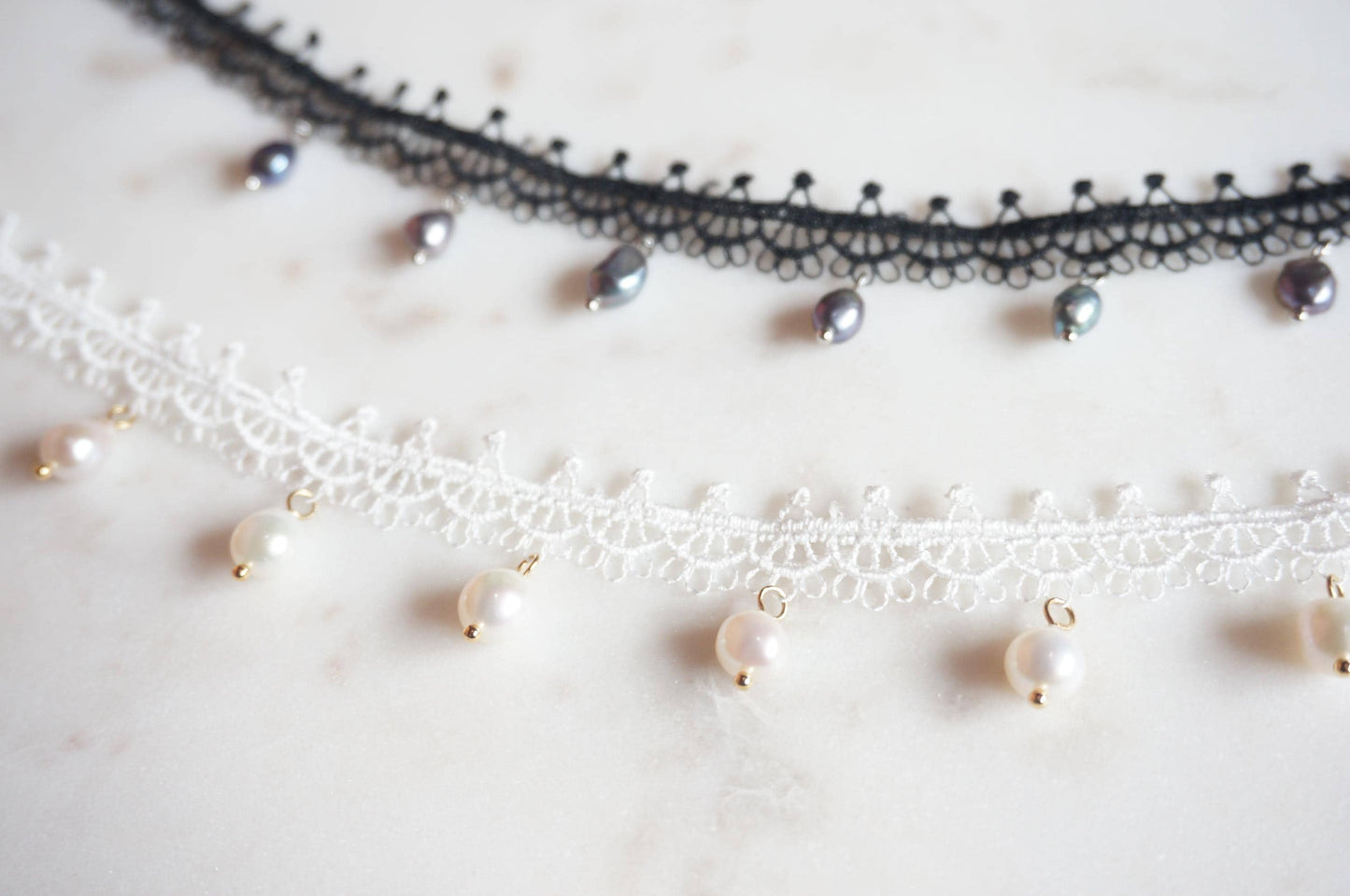KATE White/Black Lace with Teardrop Freshwater Pearls/Peacock dyed freshwater pearls Choker Necklace
