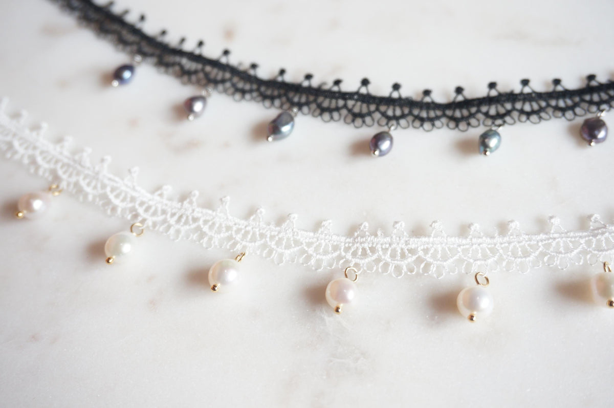 KATE Lace Choker Necklace with Teardrop Freshwater Pearls – White or Black